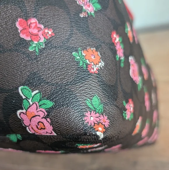 Coach City Tote Brown Leather Signature C Floral Print With Red Trim And Wallet - Picture 10 of 15